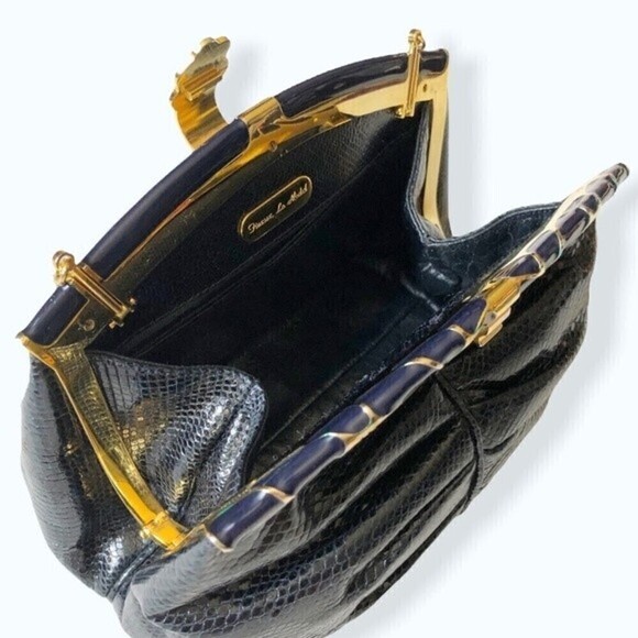 60s- 70s Finesse La Model Snakeskin Navy Blue Clutch Shoulder Bag Gold Hardware - Picture 8 of 15
